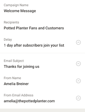 detalles de campaña de correo electrónico de bienvenida android