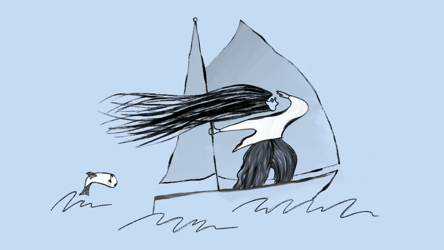 Illustration of woman on sailboat.