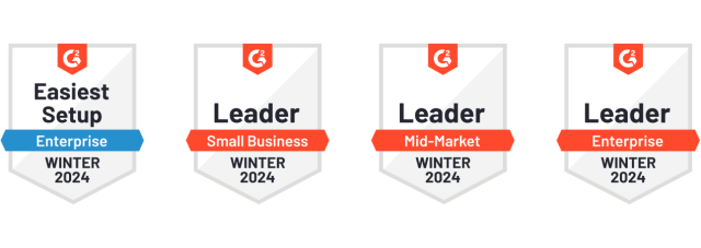 Four badges. The first badge reads, “Easiest Setup, Enterprise, Winter 2024.” The second reads, “Leader, Small Business, Winter 2024.” The third reads, “Leader, Mid-Market, Winter 2024.” The fourth reads, “Leader, Enterprise, Winter 2024.”
