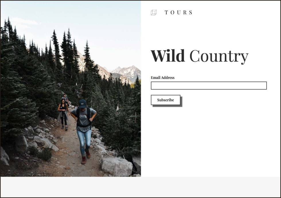 Landing page with a signup form that reads wild country tours 