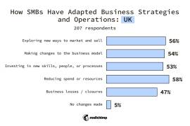 UK SMBs
Changes made to business strategy or operations
Exploring new ways to market and sell 56%
Making changes to the business model 54%
Investing in new skills, people, or processes 53%
Reducing spend or resources 58%
Business losses/closures 47%
No changes made 5%