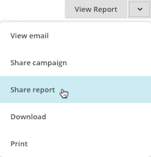 Menu suspenso Report (Relatório) com o cursor sobre Share Report (Compartilhar relatório)