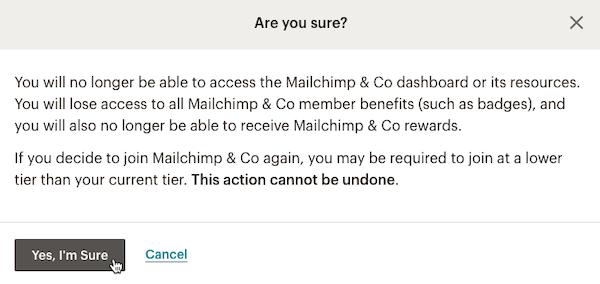 El cursor hace clic en Sí - Seguro - Desconectar Mailchimp & Co