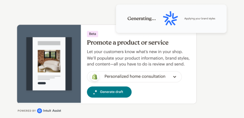 Example of Intuit Assist generating an email to promote a product or service