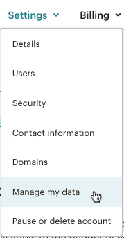 account settings (paramètres du compte) manage data (gérer les données)