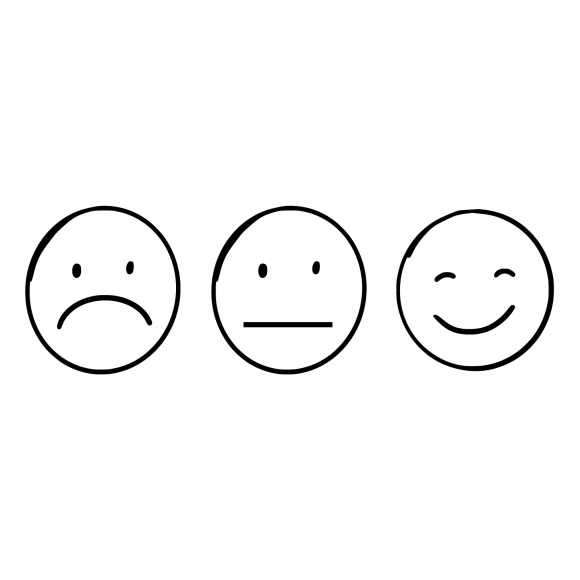 three smiley faces with happy, neutral and sad emotions