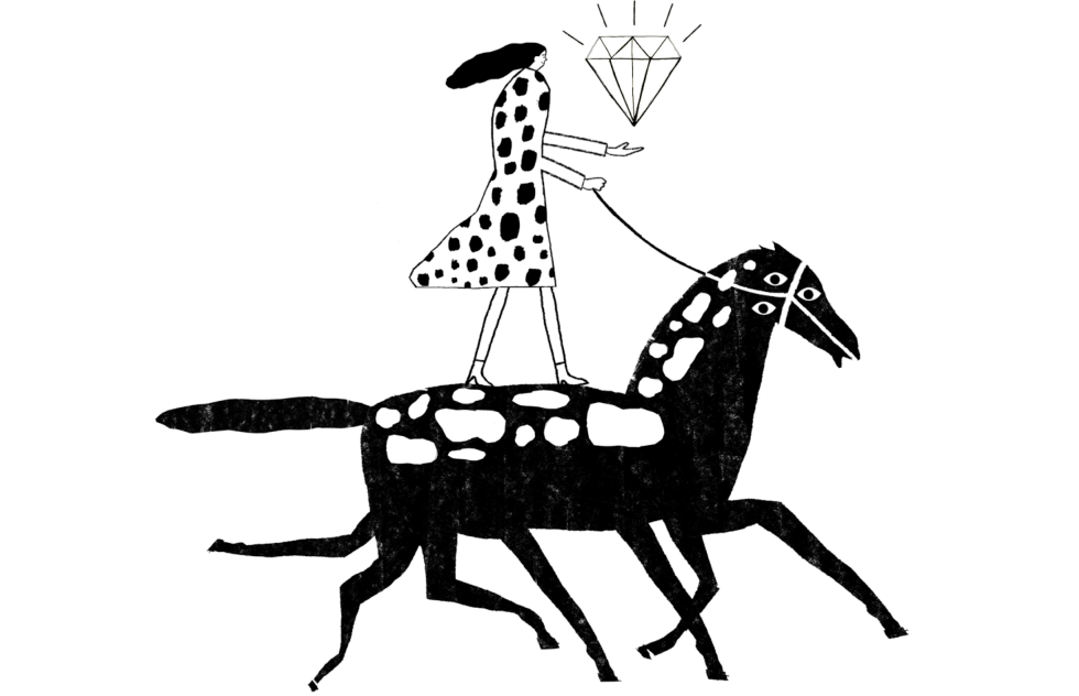 Person carrying large diamond while riding horse with seven legs and three eyes.