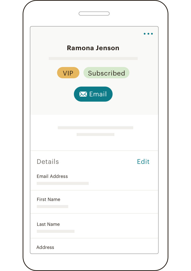 A mobile view of the Mailchimp App displaying a contact profile for Ramona Jenson