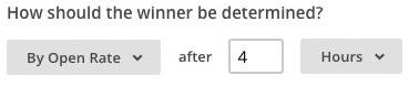 Capture d'écran indiquant comment sera sélectionné le gagnant, avec l'option By Open Rate after 4 hours (Par taux d'ouverture après quatre heures).