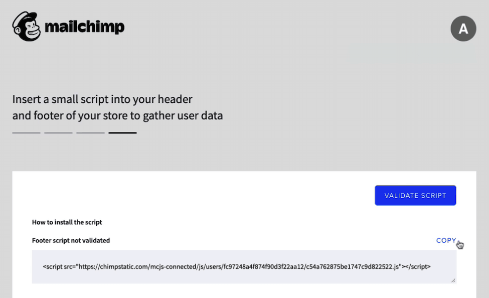 Mailchimp für BigCommerce – Cursor-Klick auf „Copy Script“ (Skript kopieren)