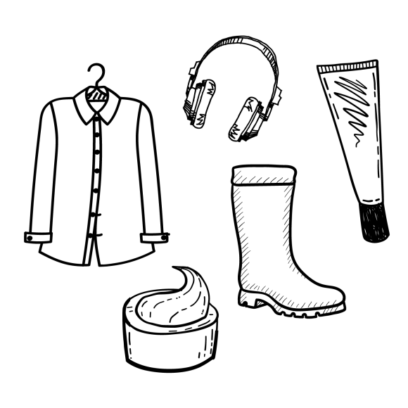 Graphic of a shirt, headphones, cream, boot, and chapstick tube