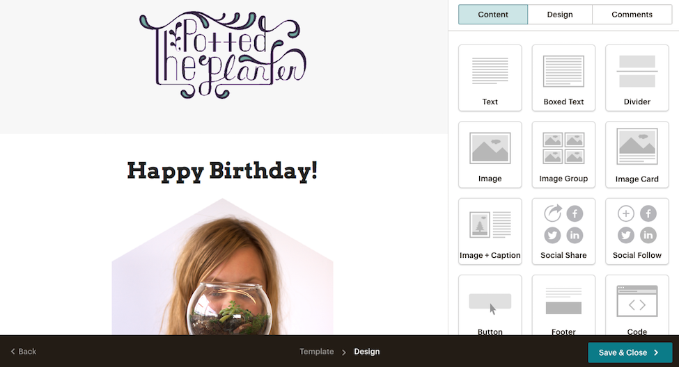 A screenshot of an example "Happy Birthday" campaign being designed in Mailchimp