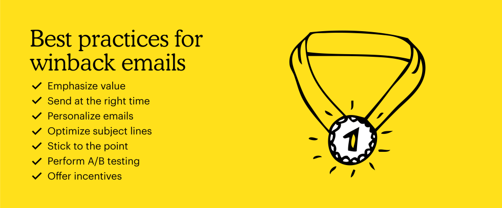 Graphic with an illustrated medal and the headline "best practices for winback emails"