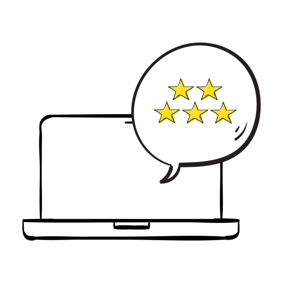 Graphic of a laptop screen with 5 stars in a speech bubble
