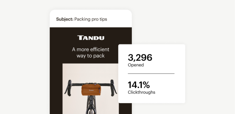 Cropped email on mobile device of a bicycle brand called Tandu. A white bubble is beside and slightly over top indicating the open and click-through rates