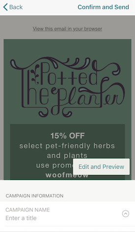 Détails de la campagne avec le bouton Edit and Preview (Modifier et prévisualiser)