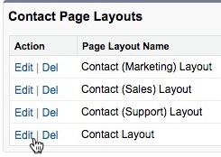 Curseur cliquant sur Edit (Modifier) à côté de Contact Layout (Mise en page Contact).