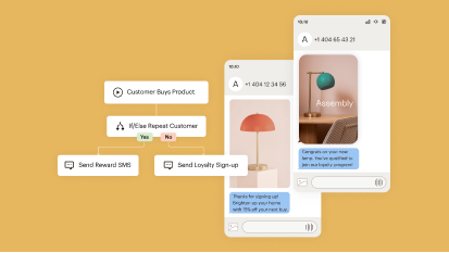 Two SMS messages sent from Mailchimp. To their left is a journey flow determining whether to send a customer a reward SMS or a loyalty sign-up SMS.