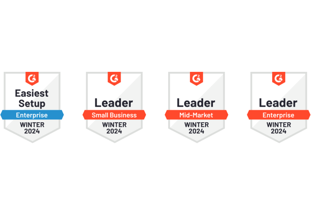Four badges. The first one reads "Easiest Setup, Enterprise, Winter 2024". The second one reads "Leader, Small Business, Winter 2024". The third one reads "Leader, Mid-Market, Winter 2024". The fourth reads " Leader, Enterprise, Winter 2024".