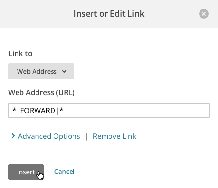 Modal de inserção de link com etiqueta de mesclagem