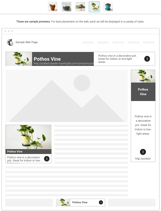 A screenshot of Preview Mode in the Ad builder, which shows a few different configurations of each product ad.