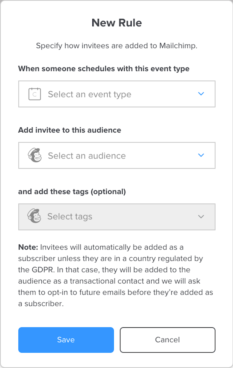 Create rules to add contacts with tags to your Mailchimp audience based on the type of event they book.