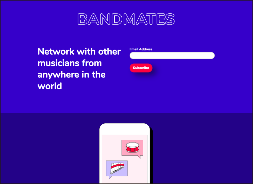Landing page with a signup form that reads network with other musicians from anywhere in the world