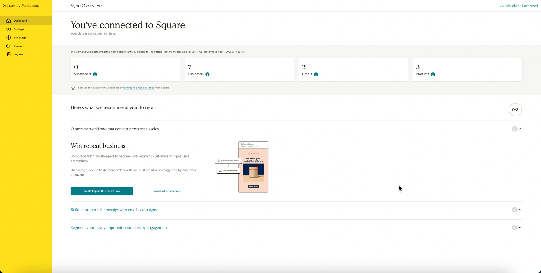 Screen showing details of a Square by Mailchimp integration