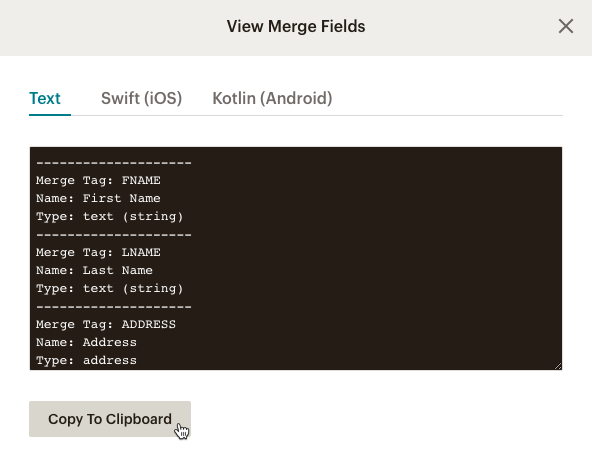 Curseur cliquant sur - Copy to Clipboard (Copier dans le presse-papiers) - SDK Audience Fields (Champs d'audience SDK)