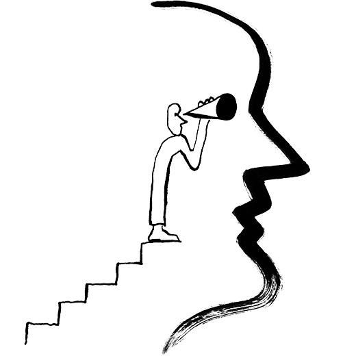 Illustration of person climbing stairs to use a telescope. 