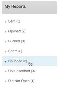 Screenshot der Abschnitts „Bounced“ (Zustellung fehlgeschlagen) in Constant Contact