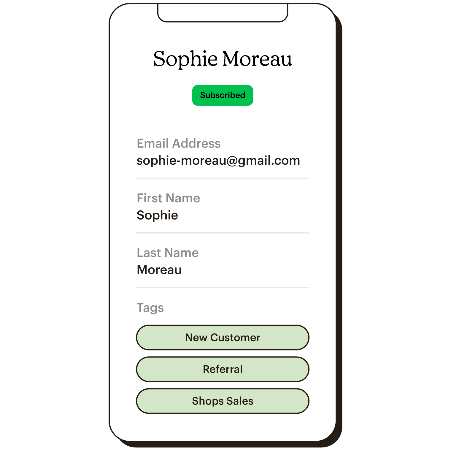 Mobile view of Sophie Moreau's profile with contact information and tags.