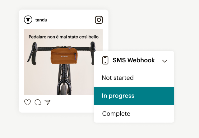 Un post social mostrato accanto all’automazione webhook SMS di Mailchimp, con lo stato “In corso”.