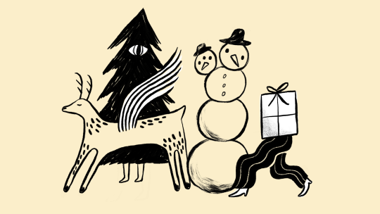 Illustration of a two headed snowman, a flying deer, a walking walking christmas tree and a walking present