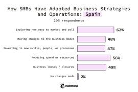 Spain SMBs
Changes made to business strategy or operations
Exploring new ways to market and sell 62%
Making changes to the business model 48%
Investing in new skills, people, or processes 47%
Reducing spend or resources 56%
Business losses/closures 49%
No changes made 2%
