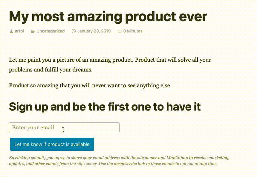 Image of sign up form with text "My most amazing product Ever"