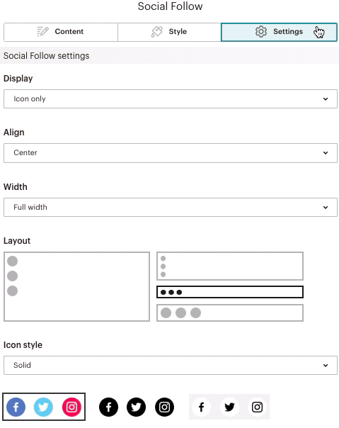 Social-Follow-Block – Tab „Settings“ (Einstellungen)