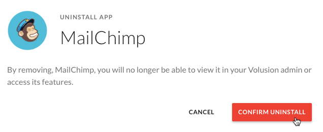 Mailchimp per Volusion - clic del cursore - conferma disinstallazione