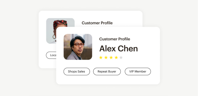 Example of a customer profile with name, rating, and tags