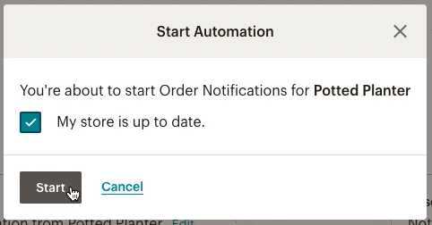 fenêtre contextuelle modale-order notifications (notifications de commande)-start automation (démarrer l'automatisation)-cliquer sur start (démarrer)