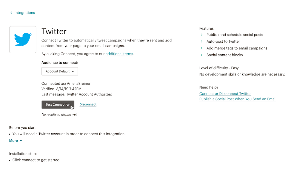 Curseur cliquant sur - Test Connection (Tester la connexion) - Page Integrations (Intégrations)