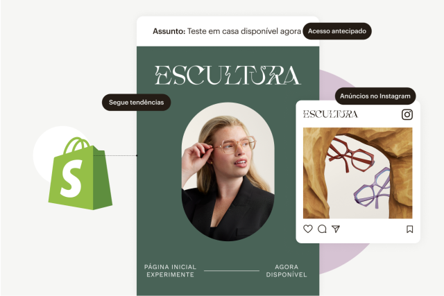 Um e-mail personalizado e uma campanha social usando tags de comportamento do Shopify, como "Anúncios do Instagram" e "Seguir tendências".