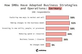 Germany SMBs
Changes made to business strategy or operations
Exploring new ways to market and sell 50%
Making changes to the business model 52%
Investing in new skills, people, or processes 50%
Reducing spend or resources 44%
Business losses/closures 36%
No changes made 9%