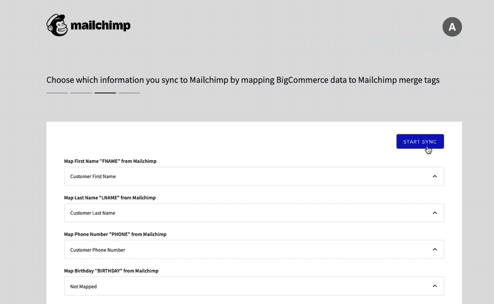 Mailchimp per BigCommerce - Merge tag - Clic del cursore su Avvia sincronizzazione