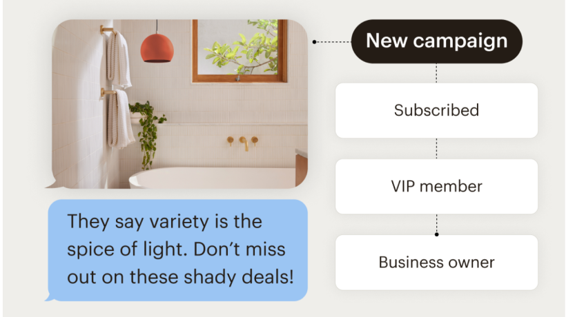 A text message from a lighting brand. The message shows a picture of an red overhead light fixture in a bathroom, and reads: "They say variety is the spice of light. Don't miss out on these shady deals!" Displayed to the right is a black button that says "New campaign" and white buttons that say "Subscribed," "VIP member," and "Business owner."