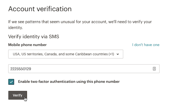 Campo de verificação de texto por SMS com o cursor no botão Verificar.