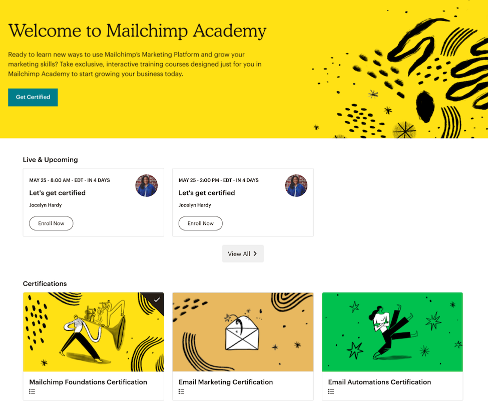 Página inicial da Mailchimp Academy