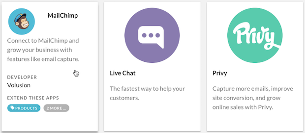 App Store de Volusion - clic del cursor sobre aplicación de Mailchimp