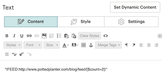 A screenshot of a feed merge tag in the editing pane of the campaign builder