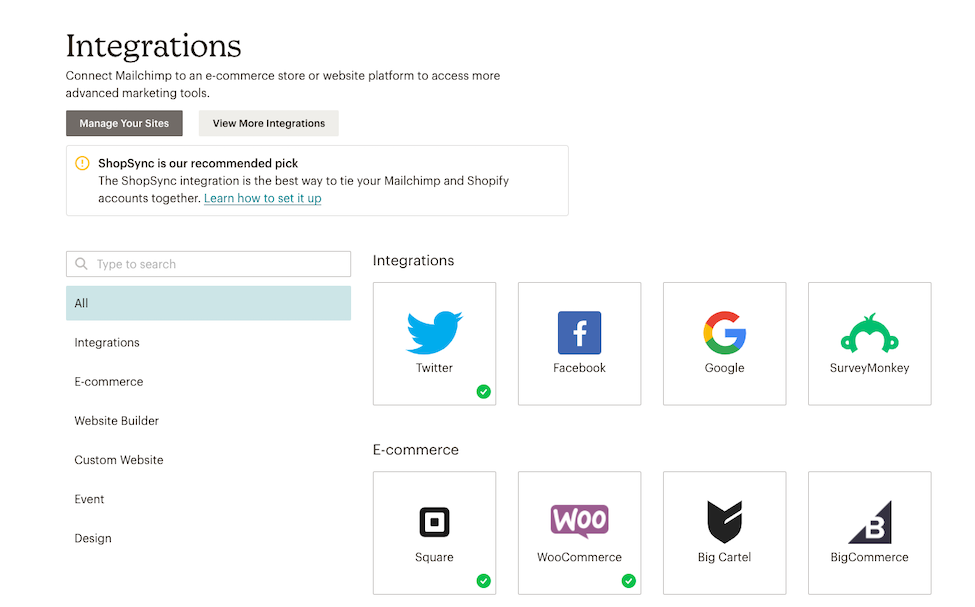 Page Integrations (Intégrations) - État de l'intégration